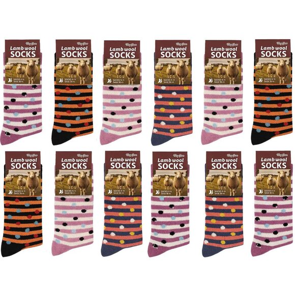 Women’s Lamb Wool Socks 12-Pack Warm Stripe Polka Dot Print Knit Crew Boot Socks - Picture 1 of 4